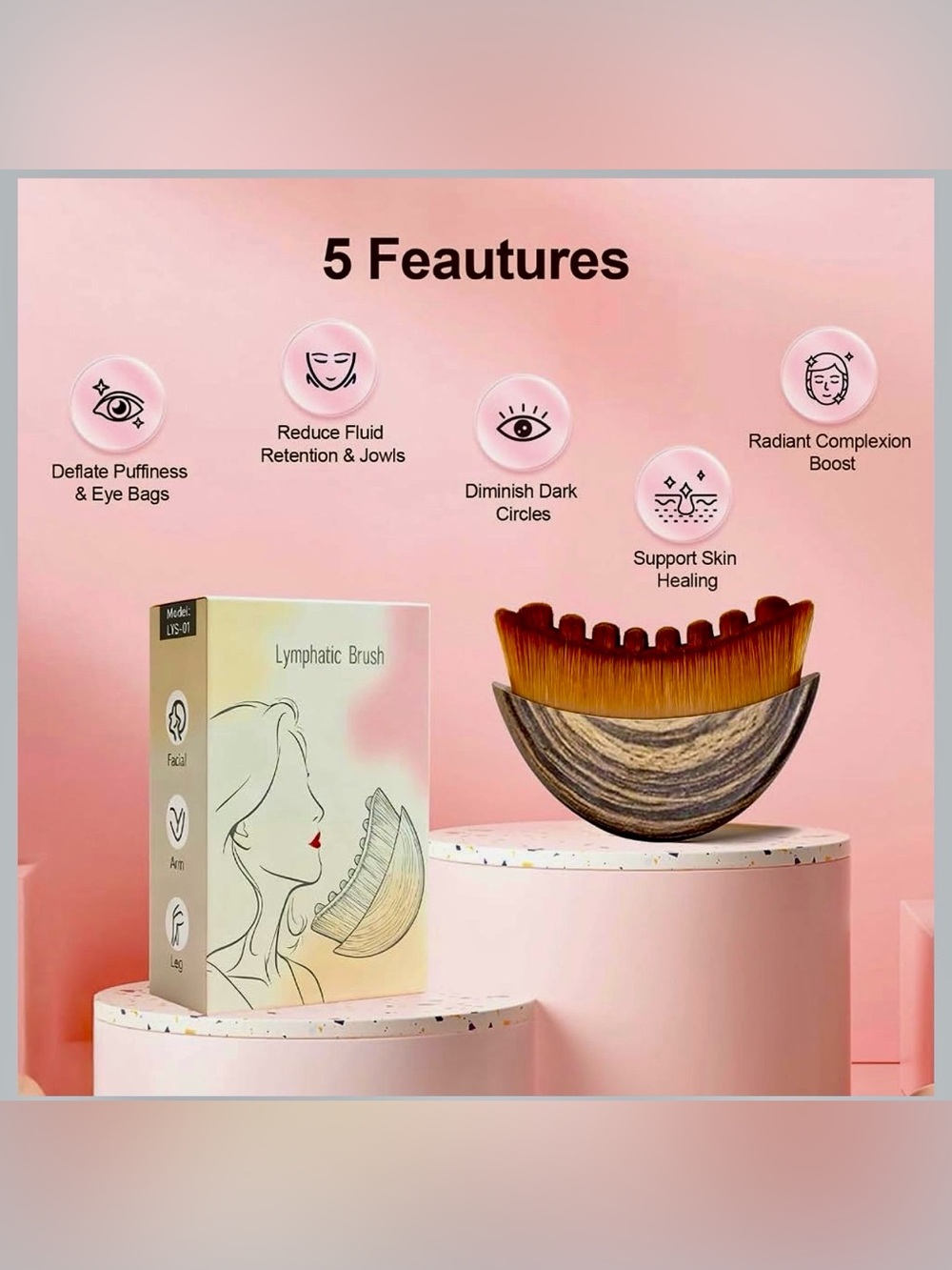 2 Wood-Tone Lymphatic Facial Massage Brush - Brown/Beige